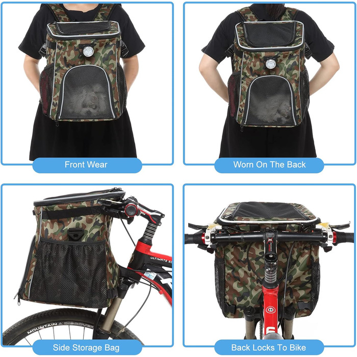 PETCUTE Фарбований велосипедний кошик для собак і котів, складаний кошик для собак на велосипеді спереду з бічними кишенями, дихаючий велосипедний кошик спереду для маленьких і середніх собак з світловідбиваючими смугами та світлом (Оливковий)