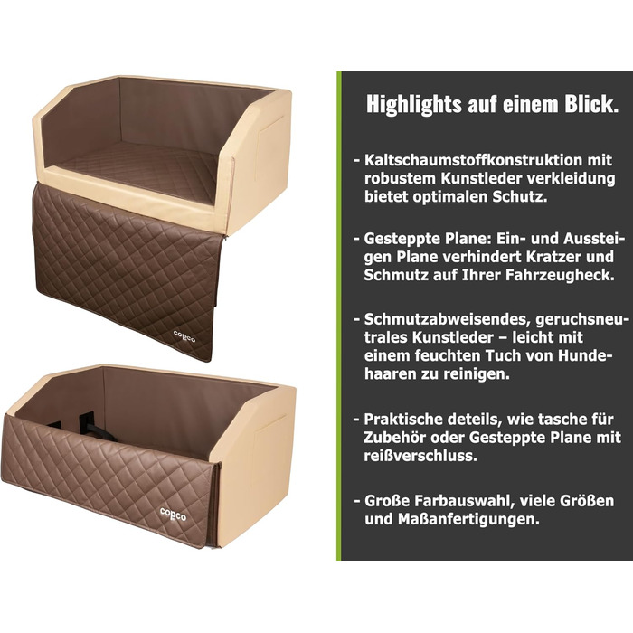 Автомобільне ліжко для собак CopcoPet - 70x55x38 см, штучна шкіра, захист багажника, водовідштовхувальне, стійке до подряпин, з захисним покриттям, колір мокка