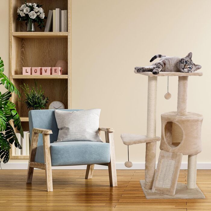 Дряпалка для котів PATAM з натурального сизалю, з котячою печерою та рампою, посилена основа, легка збірка - висота 83,5 см, іграшки Беж (Беж)