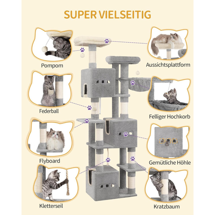 Великий котячий будиночок-кліматизатор, 193 см, XXL, 7 стовпчиків для дряпання, 3 будиночки, 2 платформи, 2 іграшкові кульки, кошик, мотузка для лазіння, багатоповерховий, сірий, MS19218LG
