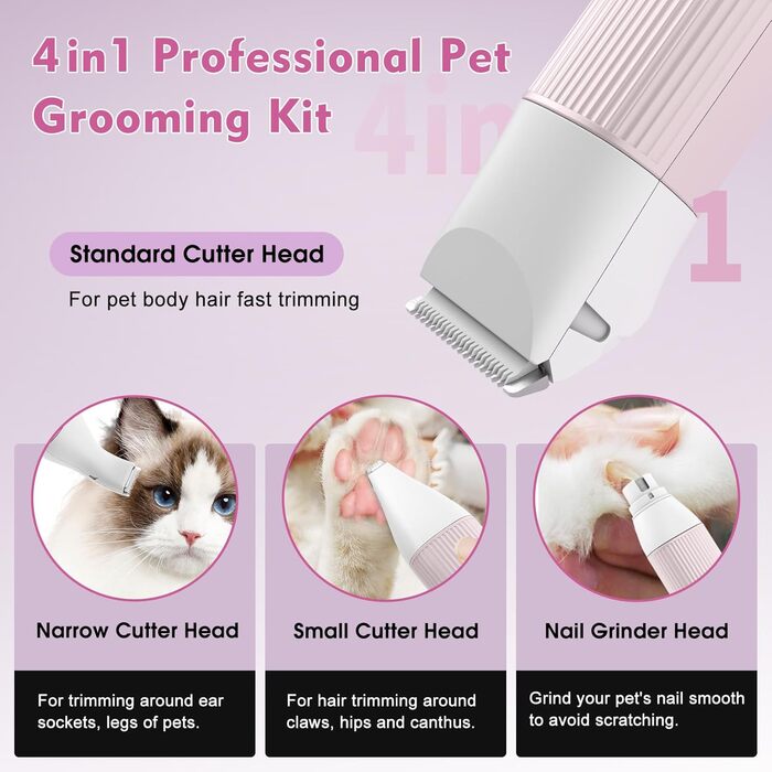Машина для стрижки собак та котів Hoofun 4-в-1, бездротова, водонепроникна IPX7, професійна, з 4 насадками, для собак, котів, кроликів (рожева)