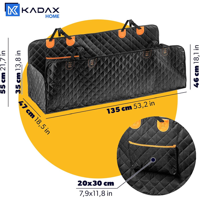 КADAX Накидка на сидіння авто для собак, 135x145 см, чорно-помаранчевий, з кріпленням для безпеки