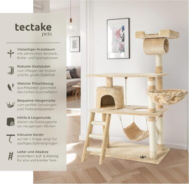 Дряпка для котів tectake 141 см, котячий комплекс з іграшками, гамаками, плетений з плюшу та сизалю, для дому, широкий, бежевий