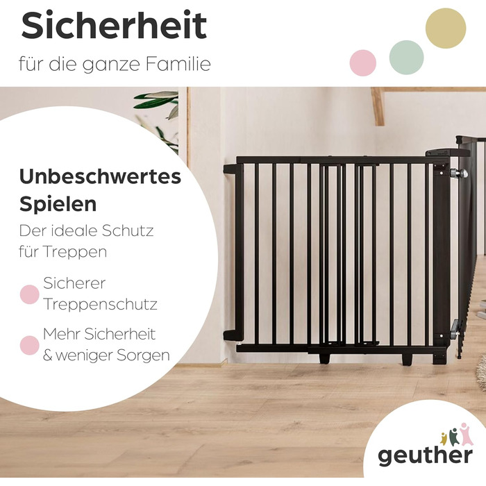 Захист для сходів Geuther Oris | Дверний захист для сходів з кріпленням, 2 клямки для поручнів, ширина, стабільне дерев'яне дитяче ворота, натуральний лак (чорний, 95-135 см)