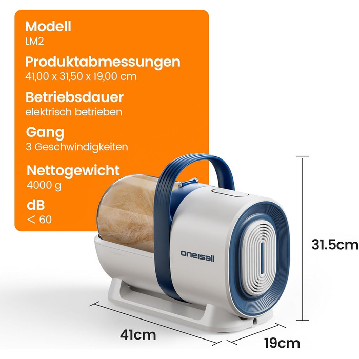 Машинка для стрижки собак Oneisall з пилососом, потужний всмоктування 12000 Па, видаляє 99.99% шерсті тварин, тиха, для собак та котів, 7 насадок, блакитна