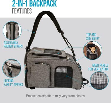 Рюкзак-переноска для тварин Sherpa 2-в-1, сірий, розмір M (43x27x28 см), дозволений авіакомпаніями, машинного прання, з сітчастим вікном, безпечними замками, легким каркасом