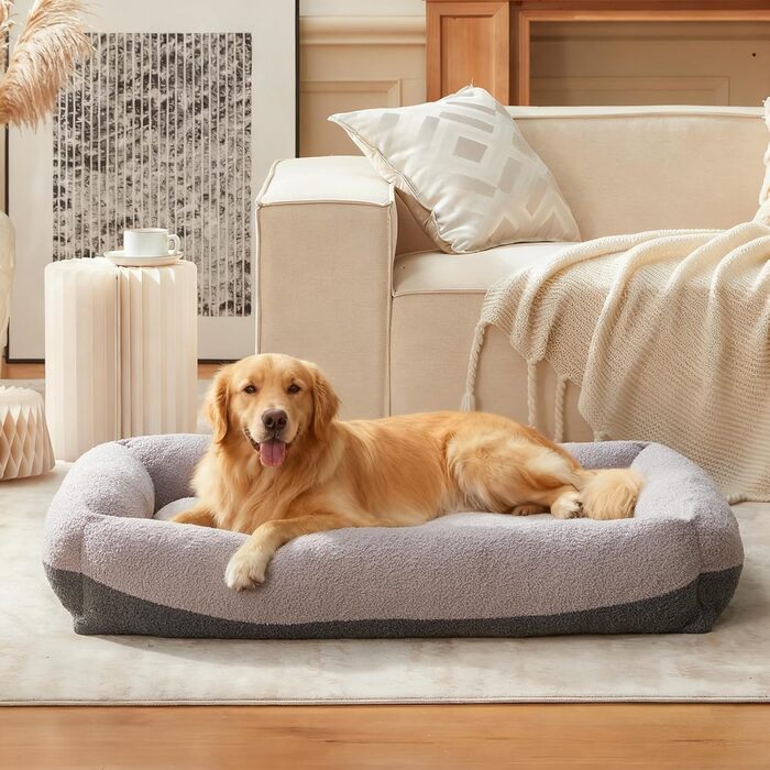 Крісло-лежанка для собак великих порід, XXL, світло-сіре, 106x76x20 см, знімний чохол, неслизьке, з підковою для шиї