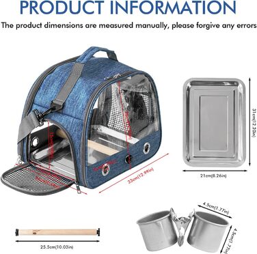 Транспортний бокс для птахів: рюкзак-переноска з підставкою та підносом з нержавіючої сталі, легкий та дихаючий, для подорожей з папугами та канарейками (33*17*26 см)