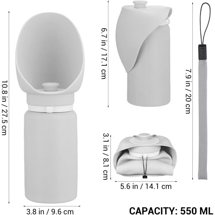 Складана пляшка для води для собак Milisten: 550 мл, м'який силікон, не протікає, для подорожей, цуценят, прогулянок, хатніх тварин, пікніків, кемпінгу (світло-сірий)