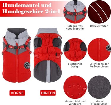Водонепроникний собачий теплий зимовий плащ/жилет для собак маленьких, середніх та великих порід. З флісовою підкладкою, світловідбиваючими елементами. Червоний + сірий.