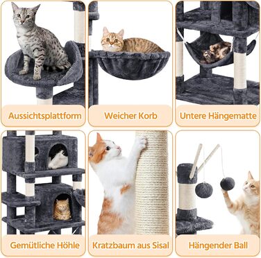 Котячий комплекс Yaheetech 170 см XL: кігтеточка, ліжко, гамак, іграшки, темно-сірий