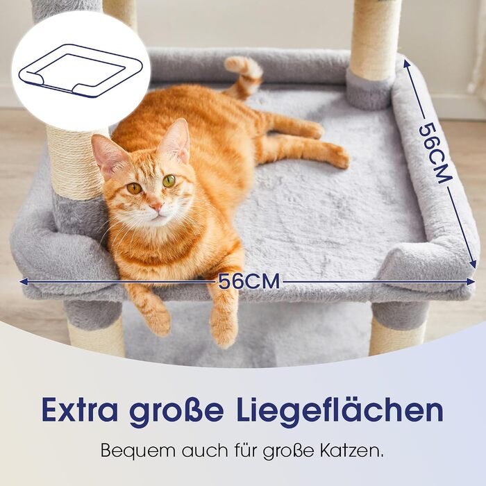 Ігровий комплекс для котів Katzenbaum (139 см) з гамаком, збільшеними платформами та сизалевими стовпами для дряпання, багатоярусний когтеточка-замок, світло-сірий