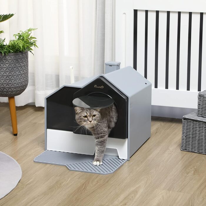 Туалет для котів PawHut з кришкою, лопаткою та фільтром, пластиковий, сірий, для котів до 8 кг, 47x45x42 см