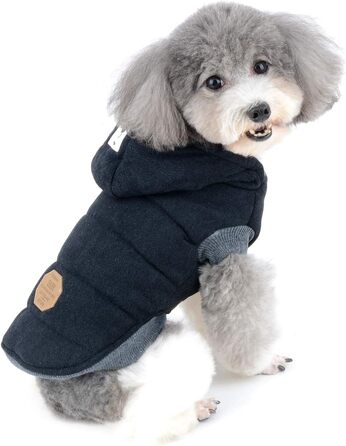 Зимова куртка для собак, тепла флісова підкладка, бавовняний халат для тварин, захист від вітру, капюшон, для котів та собак, чорний, розмір L (обхват грудей 42 см)