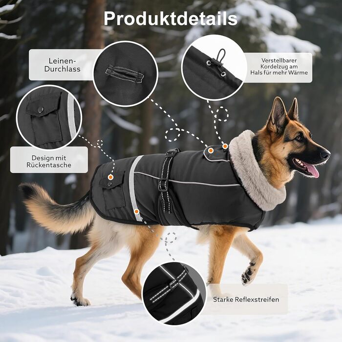 Водонепроникний зимовий одяг для собак, теплий флісовий одяг для великих собак, з регульованими плечовими ременями та світловідбиваючими смугами, підходить для лабрадорів, чорний, XL