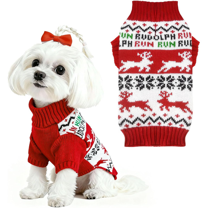 Святочний пуловер для собак, теплий, м'який, осінньо-зимовий, з високим коміром, в'язаний, для цуценят, милий олень, червоний, для собак, на Різдво, з короткими рукавами, (XX-Large, Червоний/Білий)