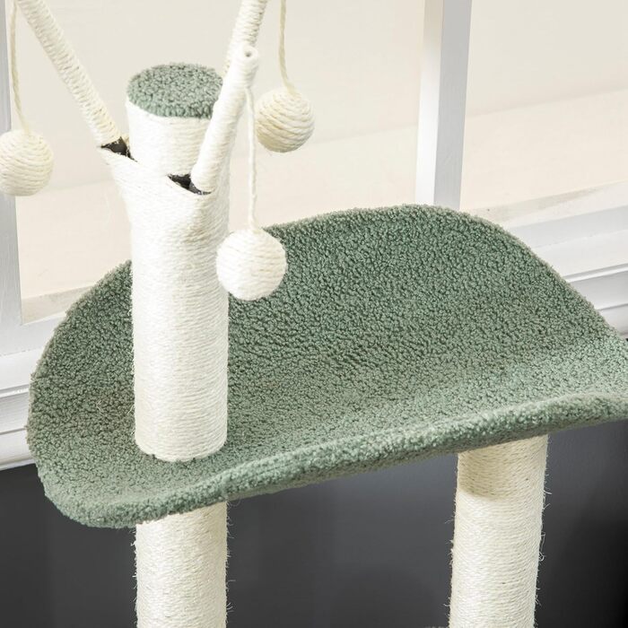 Дерев'яний будиночок для котів PawHut 123H - когтеточка, ліжко, іграшки, сизаль, плюш, кремово-білий+зелений