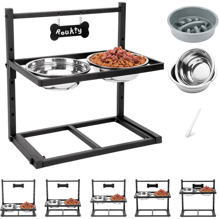 Підвищені годівниці для собак з повільним годуванням, 5 рівнів регулювання, антиковзкий, міцний металевий каркас, непромокальний килимок, стійкі до іржі миски, легко миються, висота: 42 см (для великих собак, сірий)