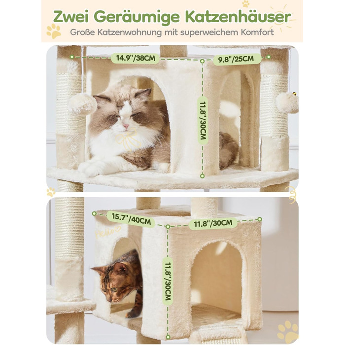 Дерев'яний комплекс для котів Taoqimiao 193 см, великий, з будиночками, лежаками, гачком та когтеточками (MS047G, сірий/бежевий)