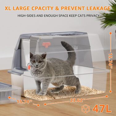 Закритий туалет для котів з нержавіючої сталі XL, для великих і кількох котів, з кришкою, високими бортами та совком