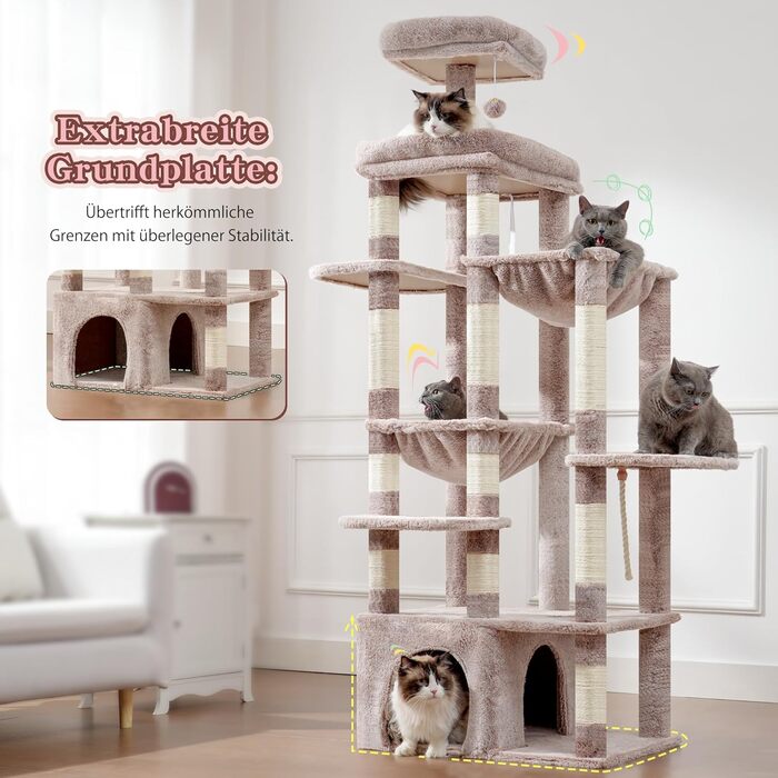 Кігтеточка Heybly Kratzbaum 180 см: велика, стійка, з будиночком, гамаками, для мейн-кунів та інших великих котів, коричнево-бежева