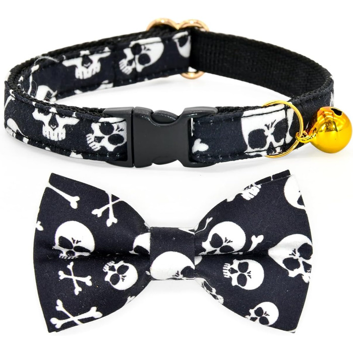 Чорний метелик для котів з черепами та перехрещеними кістками, нашийник-запобіжник, тематика Хелловін, аксесуари для котів, розмір XS (20,3-33 см)