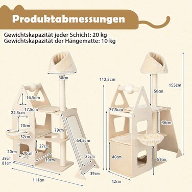 Дерев'яний кігтеточки Costway 155 см: кігтеточки для котів з м'ячем, сизаль, пандус, кошик, активний комплекс, ігровий будиночок, кімнатний кігтеточки, бежевий