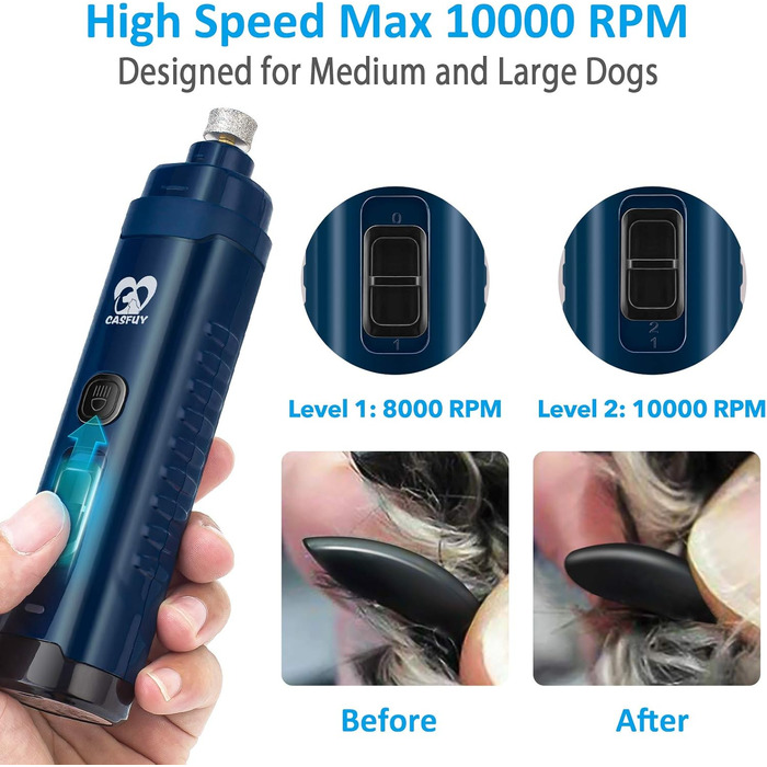 Електричний точилка для собак Casfuy з LED-підсвіткою, 4.8V, 2 швидкості, для середніх порід, тиха, акумуляторна, navy