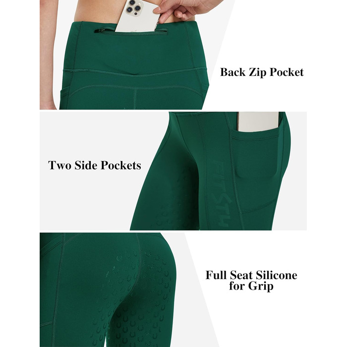 Легінси для верхової їзди жіночі зимові FitsT4 з силіконовим повним покриттям, флісовою підкладкою, кишенею для телефону та петлями для ременя (L, Темно-зелений)