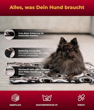 Підстилка для собак XS (45x65 см) – Двостороння, м'яка, з наповнювачем 3 см – Ідеально для дивану, авто та переноски – Виготовлено в Німеччині (55 x 75 см, Мандала Антрацит)