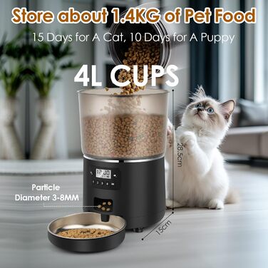 Автоматичний годівник для котів Apritsce 4L з нержавійною чашею та таймером, 1-4 прийоми їжі на день