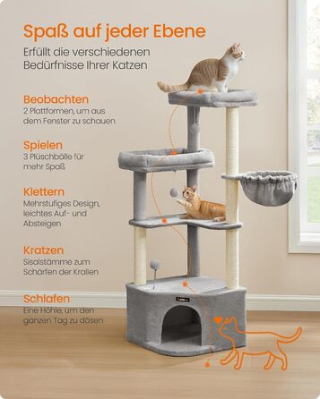 Дряпка для котів Feandrea, кігтеточка з лежаком, платформами та іграшками, 140.7 см, сірий PCT009G01