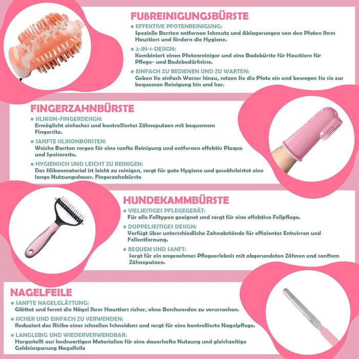 Набір для догляду за тваринами 9 предметів: щітка для собак та котів, очищувач лап, зубна щітка для пальців, обрізач кігтів, пилка для кігтів, гребінець для собак, рукавичка для догляду за котами, щітка для миття