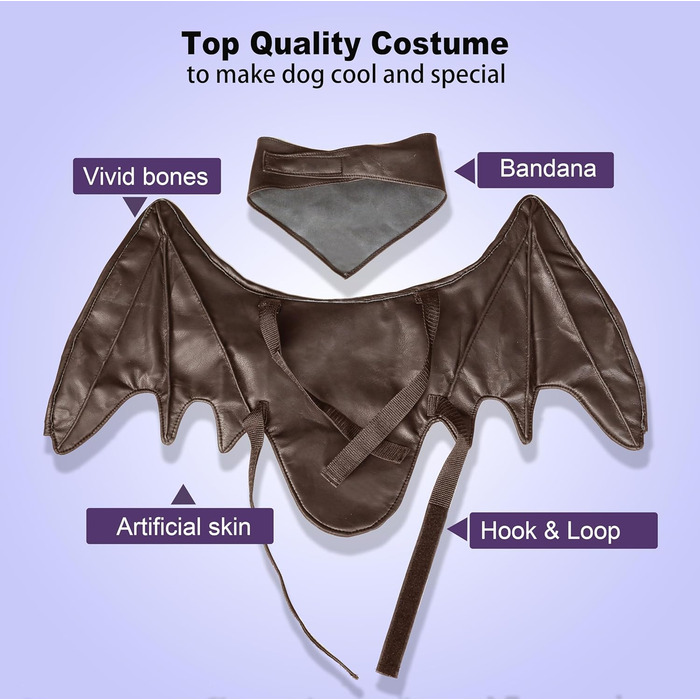 Костюм на Хелловін для собак: крила кажана, дракона, птаха. Підходить для великих, середніх та маленьких собак. Чорні крила кажана (M, колір кава).