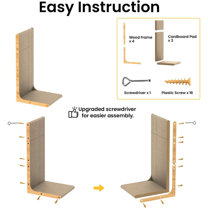 Кігтеточка для котів Conlun L-подібної форми, 58 см, настінний монтаж, вертикальна поверхня для дряпання, міцна картонна поверхня для захисту меблів, велика, біла (2 шт., світле дерево)