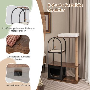 Дерев'яний кігтеточки для котів Costway з будиночком, 118 см, з ліжком, іграшкою та килимком, металевий каркас, 4 рівні, вінтажний дизайн (чорний)