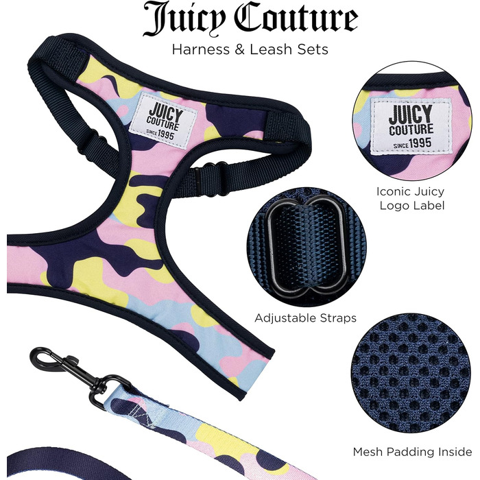 Juicy Couture Кольоровий камуфляжний шлейка та повідець для собак, регульований комплект з м'якою сітчастою підкладкою, для маленьких цуценят