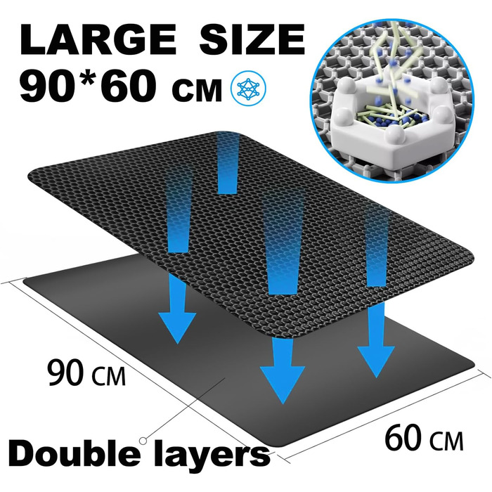 Килимок для котячого туалету 90x60 см, двошаровий, неслизький, з дизайном стільових сот, EVA матеріал (чорний)