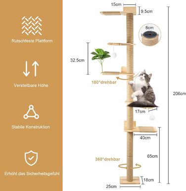 Кігтеточка для котів Youyijia 206 см з натурального каучукового дерева, 5 ярусів, настінна, з розширеною основою, плюшевими кульками, 360° обертання, XXL кігтеточка для котів