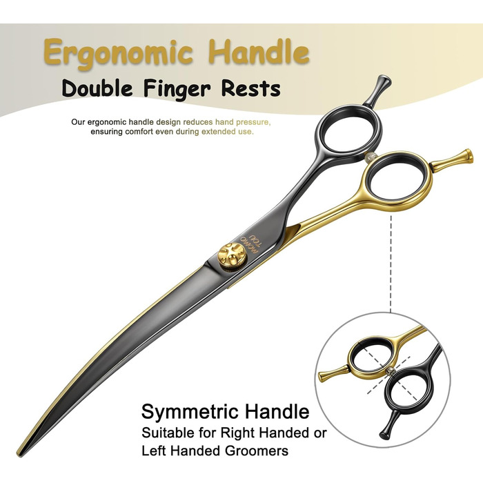 Професійна вигнута ножиця для грумінгу собак, з декоративним гвинтом, гостра та довговічна, японська сталь 440C, безпечна закруглена кінчик, 19,1 см, чорний та золотий колір