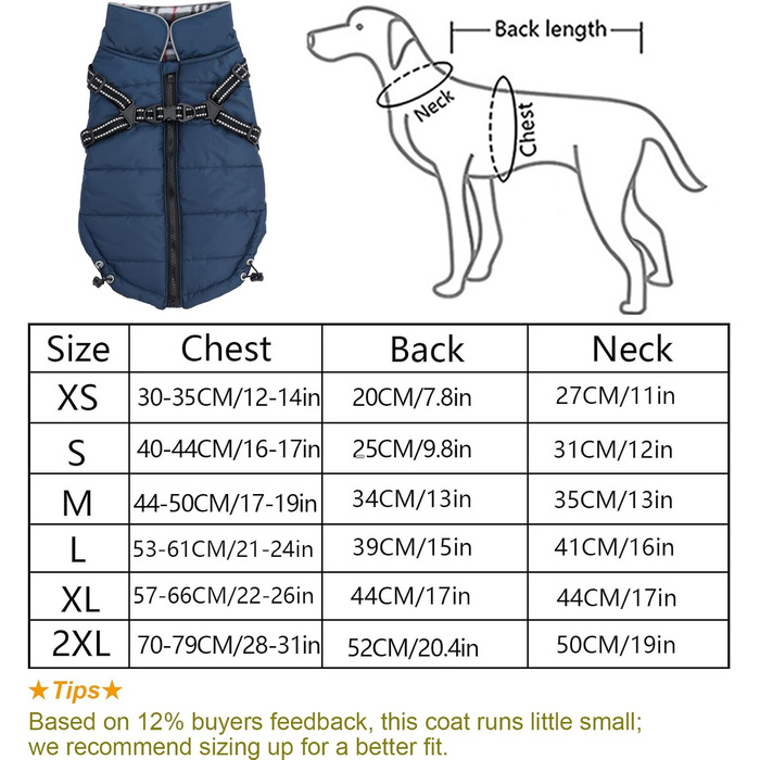 Водонепроникна куртка для собак, тепла зимова, світловідбиваюча, регульована, Marineblau, XL (довжина спини 44 см)