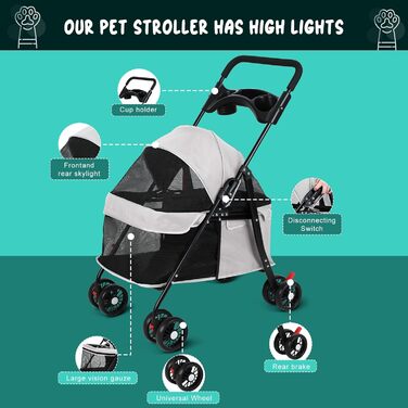 Візок для собак 2 в 1, бугі для собак до 20 кг, 4 пари поворотних коліс на 360°, візок-переноска для собак/кішок з тримачем для напоїв, складаний візок для маленьких/середніх собак та котів (сірий)
