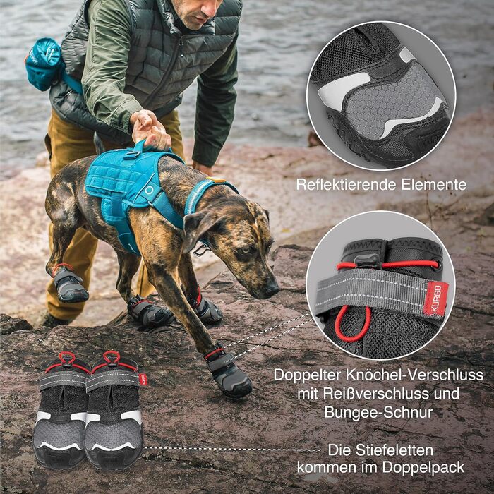Чоботи для собак Kurgo Blaze Cro - захист лап на всі сезони - водонепроникні, світловідбиваючі, неслизькі - комплект з 2 шт. - Сірий (L)