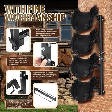 Стійка для сідел TOPTGO з 4 рівнями, настінна, для зберігання західних та англійських сідел – міцна сталева стійка, витримує до 136 кг, для збруї, підкладки, аксесуарів тощо