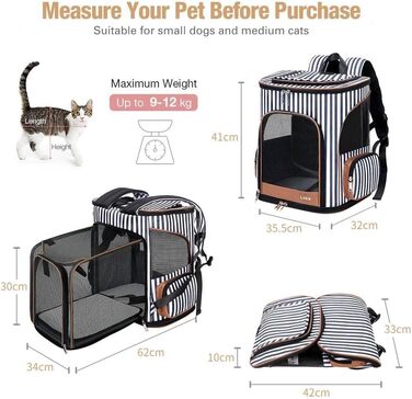 Екскескі Розширюваний рюкзак для кота – дихаючий, портативний, для середніх та великих котів та собак, з внутрішньою безпечною кліткою та килимком, підходить для ваги до 9 кг (XL, смугастий)
