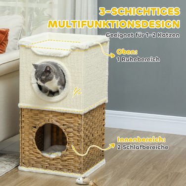 PawHut Scratching Barrel висотою 75,5 см Триярусна бочка для кішок з плюшевим краєм, подушка, котяча печера, котяче дерево для середніх кішок, кремово-біле | Аосом
