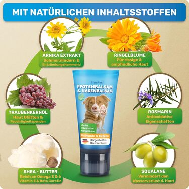 Балсам для лап собак та котів BluePet Schnelleinziehender, 50 мл. Зцілює та регенерує сухі, потріскані лапи та ніс. Містить арніку, календулу та ши. Ідеальний для догляду за лапами та носом.