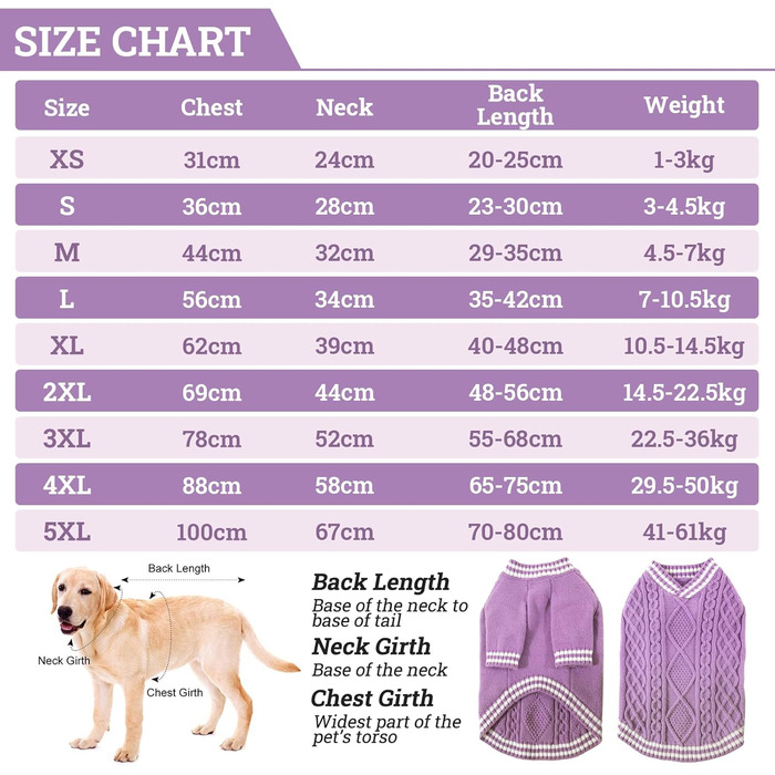 Теплий в'язаний пуловер для собак великих порід, V-подібний виріз, для Французького бульдога, Лабрадора, Німецької вівчарки (Lila XXL) 2XL Lila