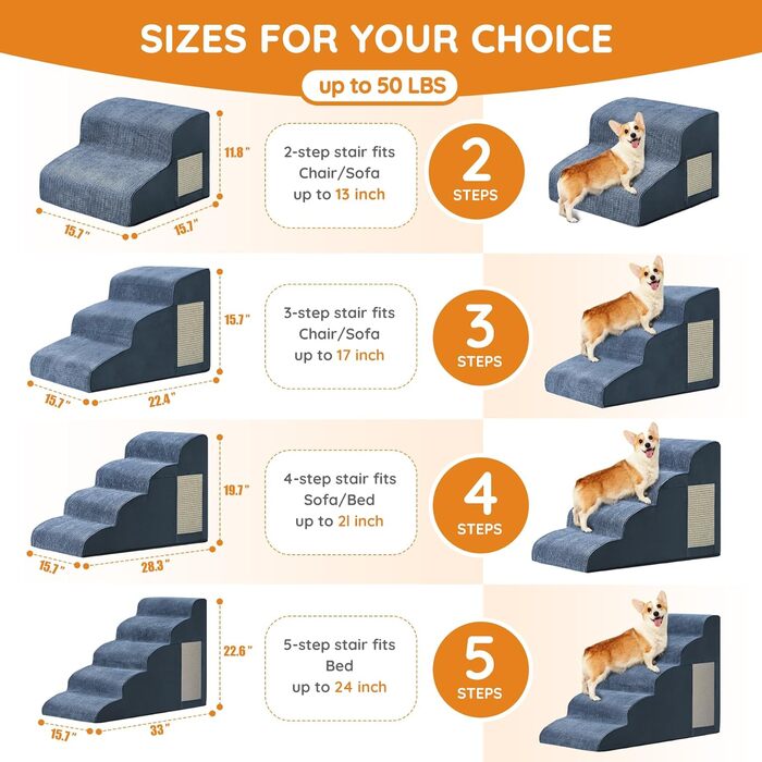 Сходинки для собак до ліжка, дивану: 4 сходинки, протиковзкі, для маленьких собак, з високощільним пінополіуретаном, портативні, (фліс, темно-синій)