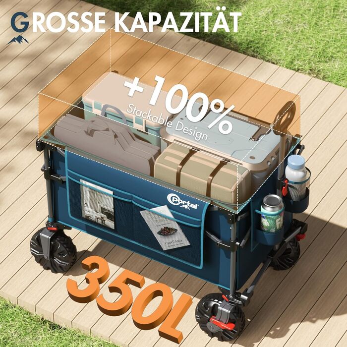 Портал візок-валіза складна модель 350л, 122кг, з дахом, широкі колеса, тримач для напоїв, блакитний